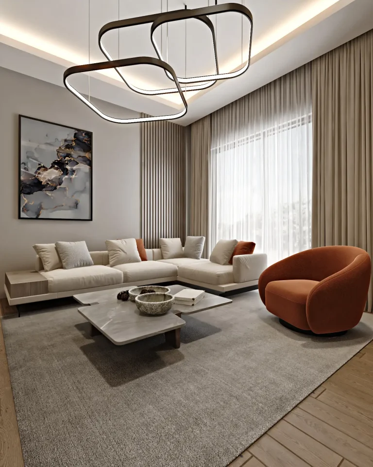 Elegant dubai living room with modern sectional sofa orange accent chair and large contemporary lighting fixture