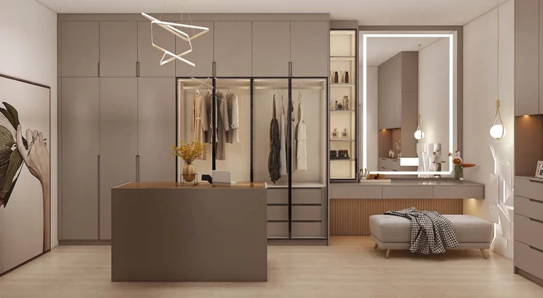 Elegant-golden-u-shaped-walk-in-closet-with-glass-doors-2