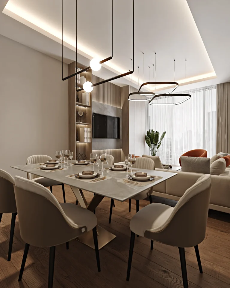 Luxurious open plan dubai dining room with modern table chairs and custom lighting fixtures