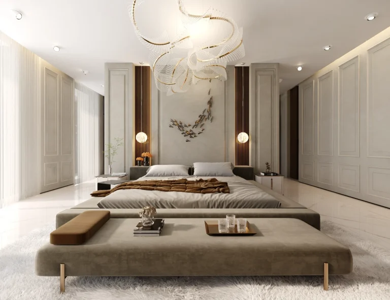 Luxury master bedroom with wabi sabi decor custom dubai wardrobes and unique contemporary chandelier