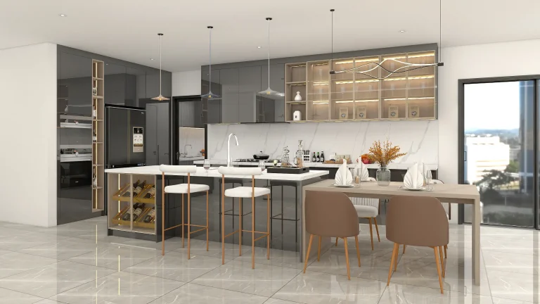 Modern kitchen and dining area with comfortable brown dining chairs and contemporary bar stools