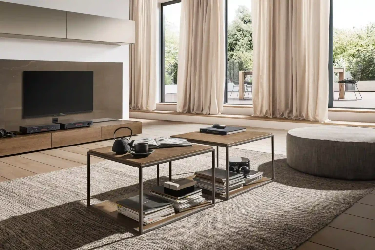 Spacious dubai living room with two tiered modern coffee tables and natural light