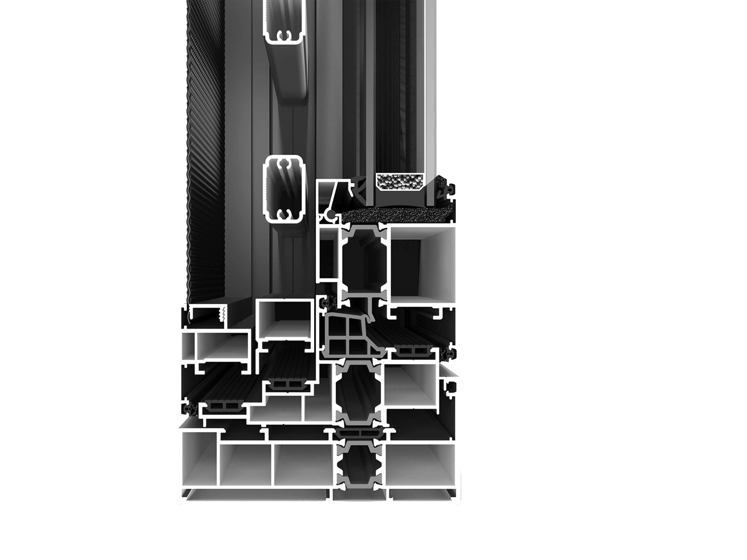 Close-up view of an aluminum window and door thermal break profile, showcasing the detailed construction and materials used to enhance energy efficiency