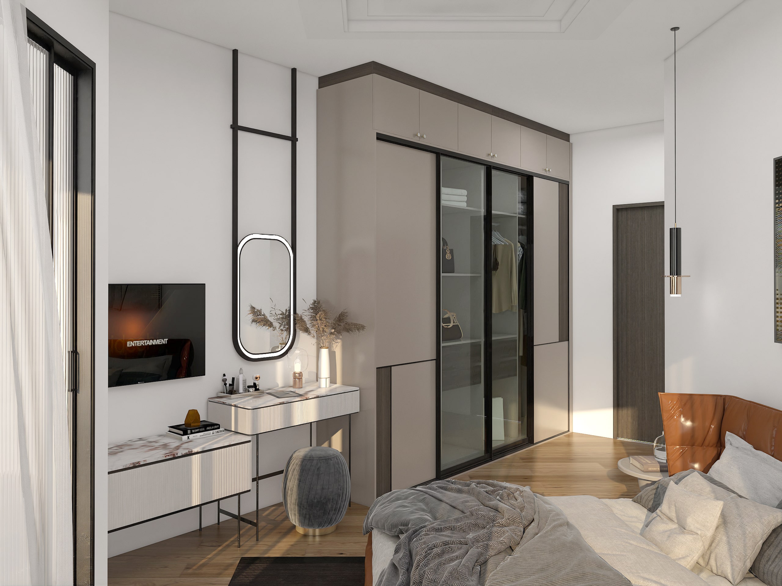 modern bedroom wardrobe with sliding mirror doors and integrated storage for stylish bedroom interior